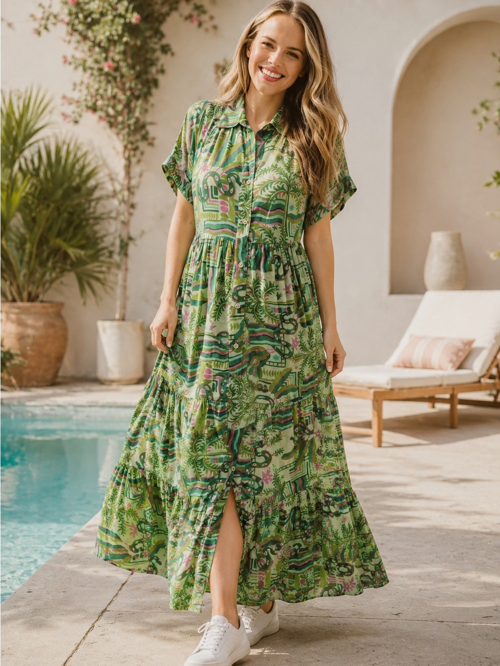 Briton Court Frenchi Maxi Summer Green Maxi Shirt Dress NWT Small